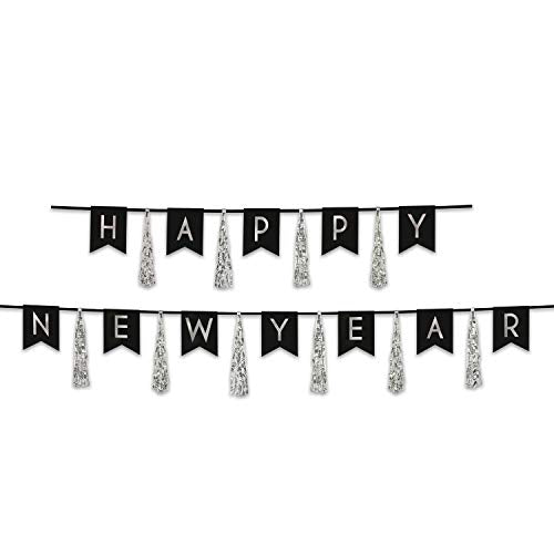Happy New Year Silver Tassel Banner- 2 Pcs.