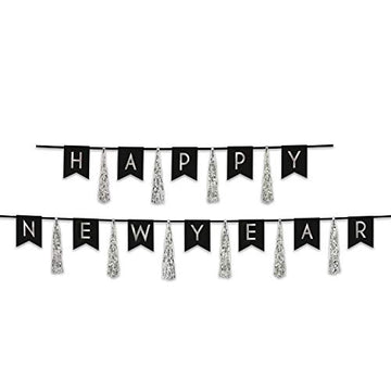 Happy New Year Silver Tassel Banner- 2 Pcs.