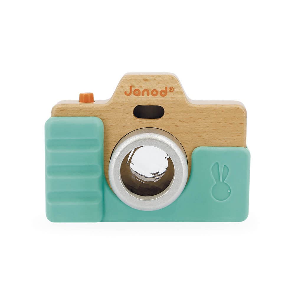 Janod - Early-Learning Camera - Wooden Pretend Play Toy - Sound and Light Effects - Sense Stimulation and Motor Skills - Silicone Shell - Water-Based Paint - from 18 Months + J05381  Brown