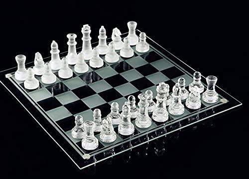 10*10 Glass Chess Set Frosted and Clear Pieces Felted Bottom for mature-themed and Teens(Gift for Game Education)