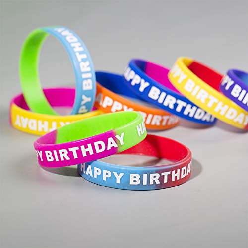 ARTLYMERS 48pcs Happy Birthday Rubber Bracelets, Colored Silicone Stretch Wristbands for Birthday Party Supplies Favors 8 Styles