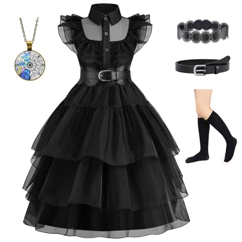 Chektin Black Costume Dress for Girls Halloween Costumes Kids Cosplay Family Birthday Party with Accessories 6-7 Years