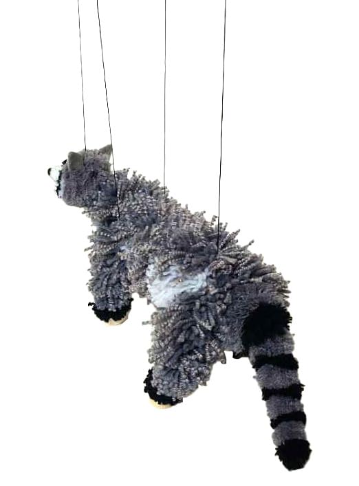 Artisan Owl Raccoon Marionette Puppet - Soft Yarn Body with Wooden Feet, Detachable Strings
