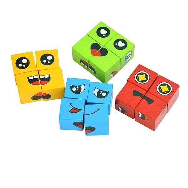 Face Changing Puzzle Cube Set, Educational Building Blocks, 4 Colourful Expression Cubes