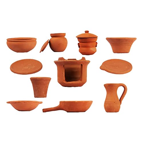 Village decor Handmade Earthen Clay Miniature Real Kitchen Cooking Play Set for Kids (Pack of 11 pcs)