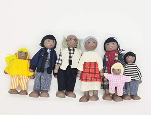 ERANCE 7 Pcs African American Wooden Dollhouse Family Set Dollhouse Dolls Family Role Play Pretend Play Figures