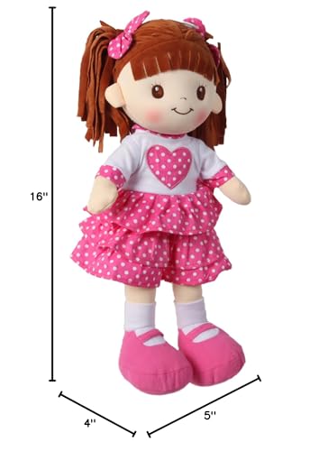 Linzy Toys, 16 Little Sweet Hearts Interactive Soft Plush RAG Doll, Embroidered FACE & Removable Clothes, Educational Doll, Muec