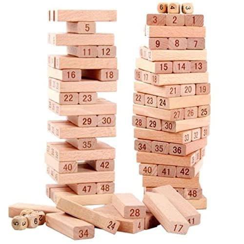 The Veryke Wooden Blocks 51 Pcs 4 Dice Building Blocks Game Challenging Wooden Tumbling Tower, Wooden Stacking Toys With Dices B