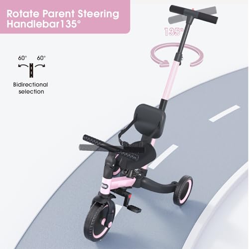 newyoo Toddler Tricycle TR007, Large Pink Bike with Push Handle, Backrest & Safety Belt for 1-3 Year Olds