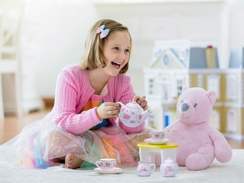 Jewelkeeper Porcelain Tea Set for Girls - 13 Pieces, Pink Ceramic Cups, Floral Design, Ideal Gift for Ages 3+ - Model D1301