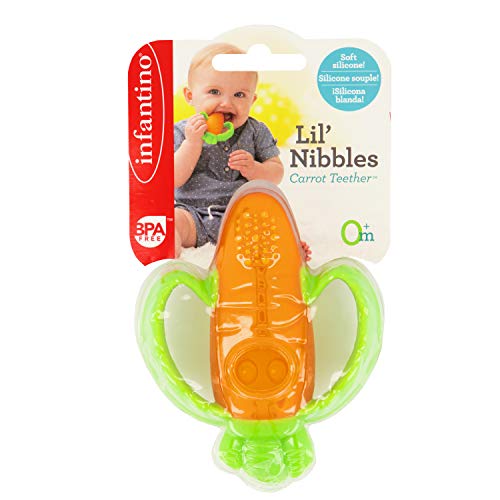 Infantino Lil' Nibbles Textured Silicone Baby Teether - Sensory Exploration And Teething Relief With Easy To Hold Handles, Orange Carrot, 0+ Months