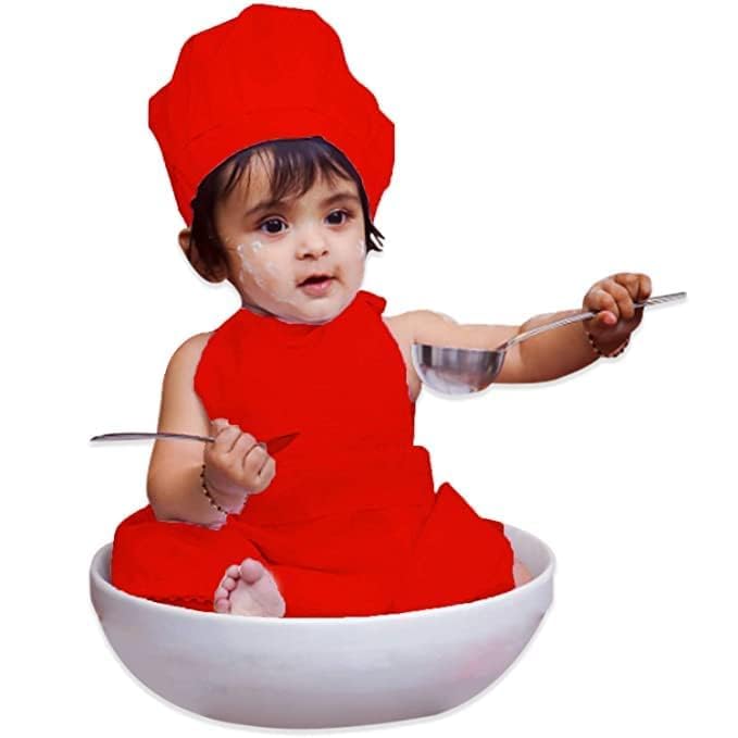 FANCY FLIGHT Baby Chef Dress with Chef Hat  Soft Cotton, Kids Costume for Fancy Dress & Role Play (Red Baby, 612 Month)