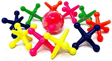 JA-RU Rainbow Big Jacks Game Set - Large Multicolor Rubber Jax & Hi Bounce Ball - Retro Party Favors, Stocking Stuffer, Classic Toy