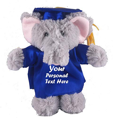 Plushland Plush Stuffed Animal Toys 8 Inches Present Gifts for Graduation Day  Personalized Text  Name or Your School Logo on Gown  Best for Any Grad School Kids (Graduation Elephant Blue Gown)
