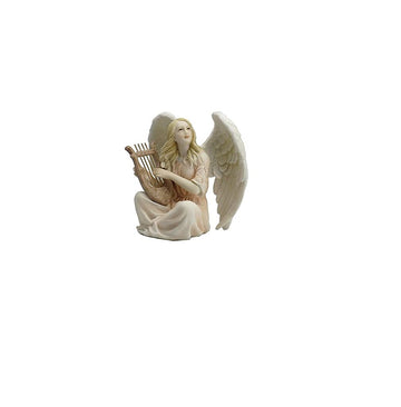 4.5 Inch Poly Stone Angel Sitting With Lyre Figurine Statue Decor