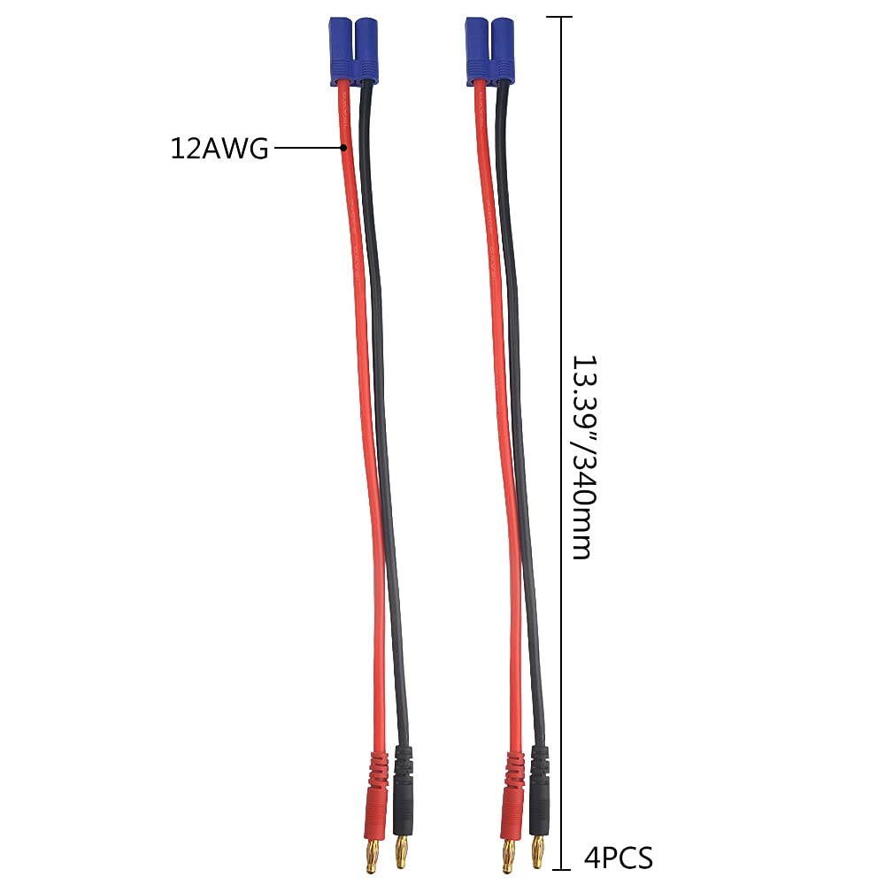 WMYCONGCONG 4 PCS EC5 Male Connector to 4.0mm Banana Male Plug Battery Charge Lead Adapter 12AWG Silicone Wire Cable for RC Heli