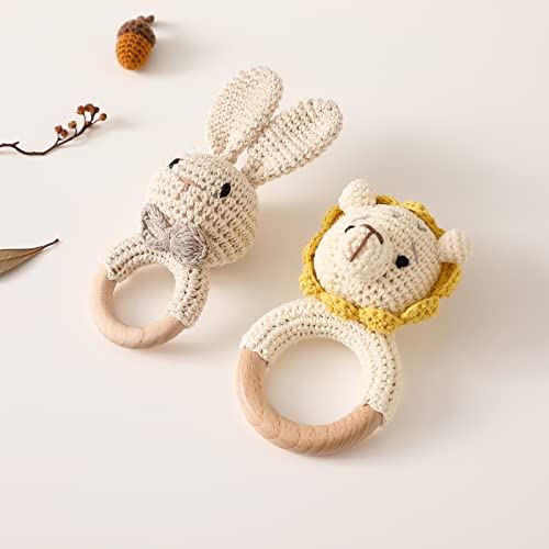 Wooden Baby Rattle Crochet Bunny and Lion Baby Toys Handmade Newborn Toy Early Development Grips Stuffed Animal Organic Rattle (