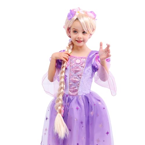 Lingway Toys Luxury Girls Princess Dress Up Costumes,Rapunzel Cosplay Dress With Rapunzel Wig Style B 7-8Years