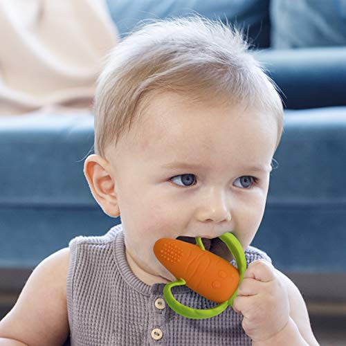Infantino Lil' Nibbles Textured Silicone Baby Teether - Sensory Exploration And Teething Relief With Easy To Hold Handles, Orange Carrot, 0+ Months