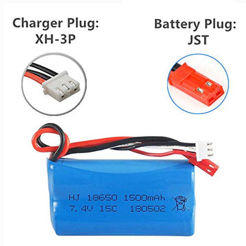 7.4V 1500mAh Li-ion Battery JST Plug for HUANQI HQ957 948 848 MJX F45 T23 RC Car Double Horse 9118 RC Helicopter 2 Pack with USB