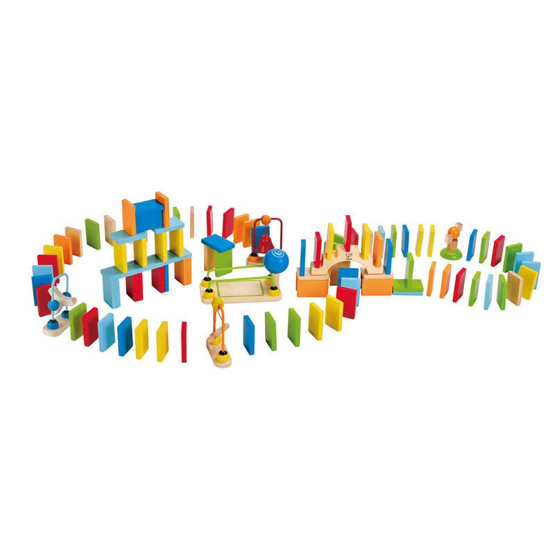 Hape Dynamo Wooden Domino Set Award Winning Domino Racing Building Block Set For Kids, 107 Solid Pieces Of Fun Filled Racing, Bu