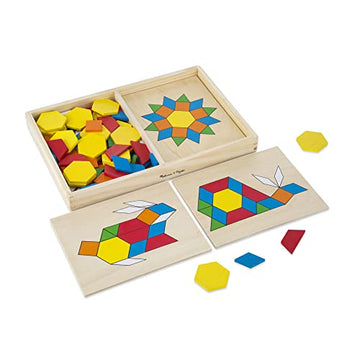 Melissa & Doug Pattern Blocks And Boards - Classic Toy With 120 Solid Wood Shapes And 5 Double-Sided Panels, Multi-Colored