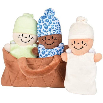 Creative Minds Basket Of Babies With 3 Super Soft 9'' Plush Doll Toys For Babies And Kids, Plush Multicultural Sensory Babies Toy Set With Basket, Green, White, Blue, Mtc-638