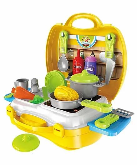 Toy Vibes Plastic Kitchen Cooking Pretend Play Kit with Toy Briefcase Set of 26 (Yellow)