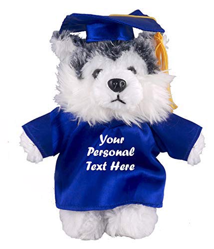 Plushland Plush Stuffed Animal Toys 8 Inches Present Gifts for Graduation Day  Personalized Text  Name or Your School Logo on Gown  Best for Any Grad School Kids (Graduation Husky Blue Gown)