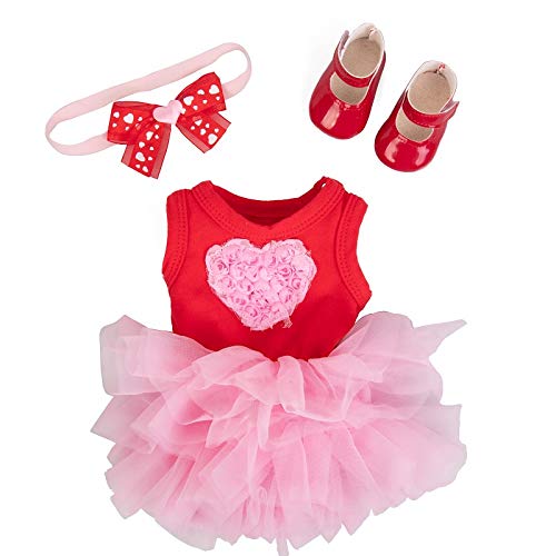 3Pc Pink Heart Valentine'S Day Outfit W Hair Bow - 18' Doll Clothes & Accessories Compatible W American Girl - Vday Set Includes Tutu Dress, Headband, & Red Shoes - Great Gift For Girls & Collectors