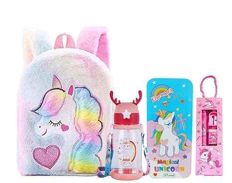 Vendere Unicorn Gift Set For Girls  4In1 Back To School Combo | Includes Furry Unicorn Bag, Geometric Pencil Box, LeakProof 