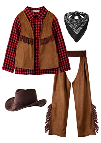 Relibeauty Kids Cowboy Costume For Boys Cosplay Costumes Birthday Party Christmas Halloween Dress Up Gift For Kids 5 Sets,Red 4T-4/110