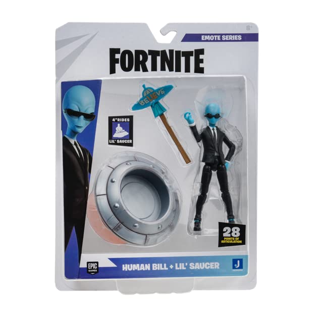 Fortnite Human Bill (Emote Series) - 4-Inch Articulated Figure With Lil’ Saucer Emote Vehicle And Flying Slasher Accessory