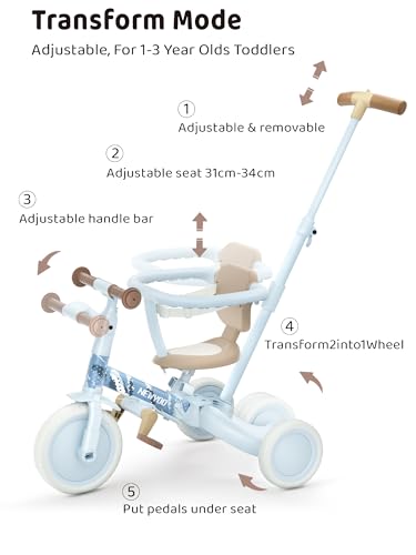 newyoo Lume TR008 Tricycle for Toddlers 1-3, 5-in-1 Push Trike, Carbon Steel, Coastal, 19"x25"x20"