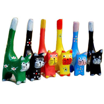 Set Of 6 Long Tail Kitty Cat Figurine Decorative Carved Wooden Cat Fgiures Kitties Statue Sculpture 4.25' Tall, Animal Cat Kitty Figurine Collection For Cat Lovers, Girls