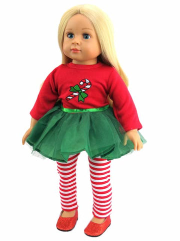 American Fashion World Candy Cane Tutu Dress Set for 18-Inch Dolls | Leggings Included |enhanced Quality & Trendy Design | Dolls Clothes | Outfit Fashions for Dolls for Popular Brands