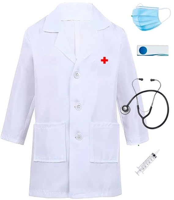 SAMRAT MART Doctor Dress for Boys and Girls with Name Badge, Mask, Strethoscope and Syringe for Fancy dress Competition Communit