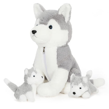 Muiteiur Dog Stuffed Animal Soft Plush Husky Zippered Belly Inside With 2 Cute Baby Puppy Great Gift Set For Kids, 16Inch