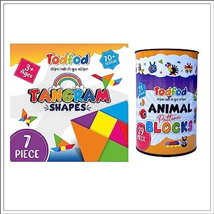 TodFod Combo Wooden Tangram Puzzle & Animal Puzzle Pattern Blocks with 21 Activity Cards Educational Learning Tangram Toy for Ki