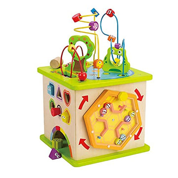Hape Country Critters Play Cube| Wooden Learning Puzzle Toy For Toddlers, 5-Sided Activity Centre With Animal Friends, Shapes, Mazes, Wooden Balls, Shape Sorter Blocks And More
