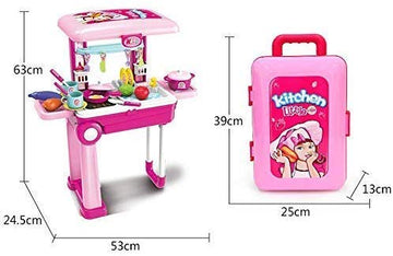 2-in-1Travel Luggage Turn into Play Kitchen, Kids Kitchen Playset Toys with 25+Play Food for Toddelers, Girls and Boys, Pretend