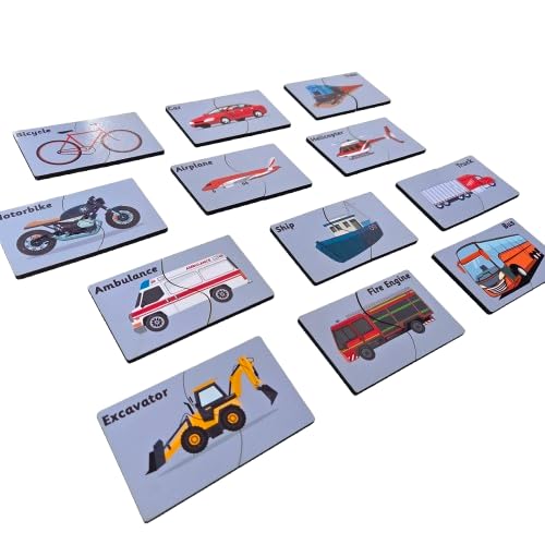 Educational Puzzle Cards Set for Kids with Vehicles, Sea Animals and Wildlife, 27 TwoPiece Learning Cards.