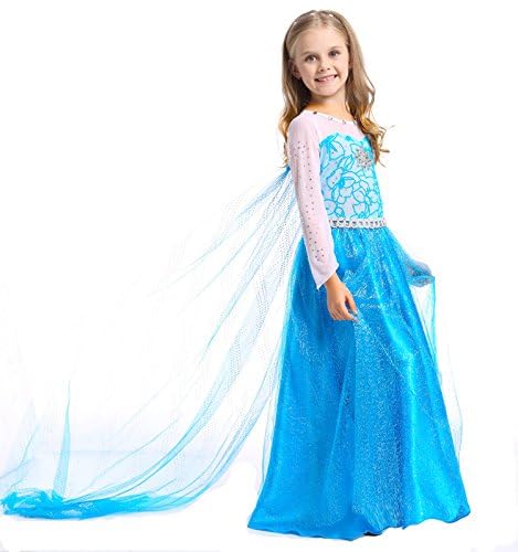 Sototoo Elsa Costume Long Sleeves Princess Dress Queen White Costume Cosplay Dress Up With Accessories Halloween (Blue,5-6Years)