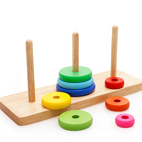 Pioneering Wooden Tower of Hanoi Toy - 8 Rings, Solid Wood, Berry Color