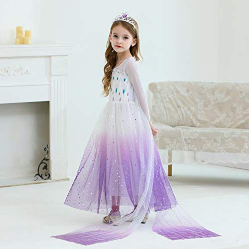 Sototoo Elsa Costume Long Sleeves Princess Dress Queen White Costume Cosplay Dress Up With Accessories Halloween (Violet,3-4Year