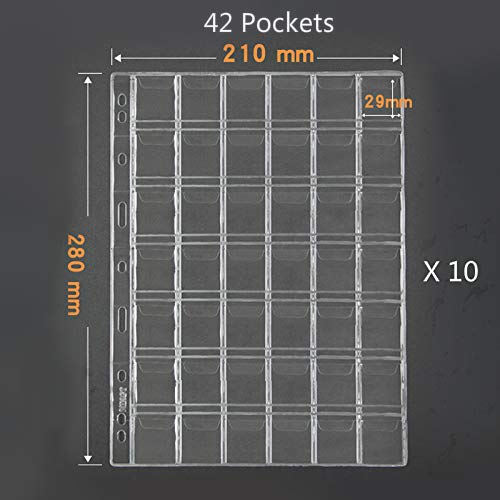 42 Pocket Coin Pages, 10 Sheets Plastic Coin Holders Stamp Collector Supplies for Coin Stamp Currency Collection