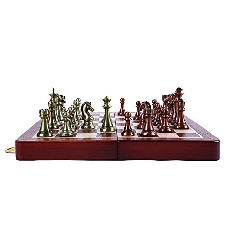 Agirlgle Retro Metal Chess Set - Folding Wooden Board, Classic Handmade Pieces, Bronze Finish - Ideal for Kids & Adults