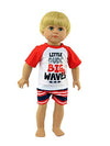 American Fashion World Boys Big Waves Rash Guard and Swim Trunks Set for 18-Inch Dolls | enhanced Quality & Trendy Design | Dolls Clothes | Outfit Fashions for Dolls for Popular Brands