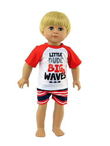 American Fashion World Boys Big Waves Rash Guard and Swim Trunks Set for 18-Inch Dolls | enhanced Quality & Trendy Design | Dolls Clothes | Outfit Fashions for Dolls for Popular Brands