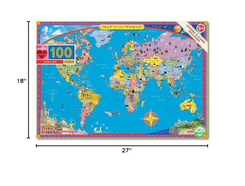 eeBoo: World Map 100 Piece Puzzle  Provides Wanderlust to All Ages  100 Glossy Pieces That Fit and Snap Together with Ease  Includes a Legends and Icons Glossary  Perfect for Ages 5 and up